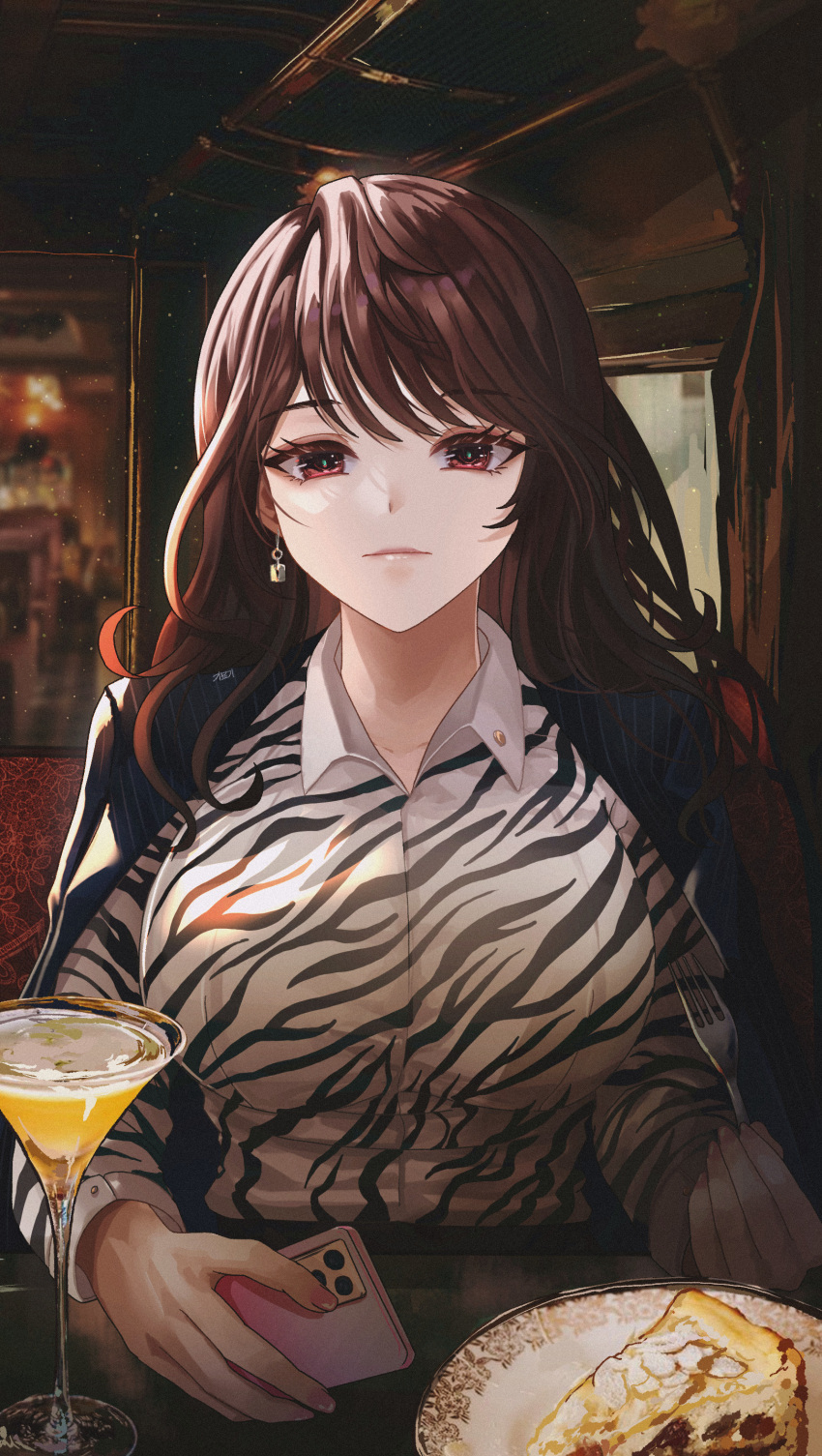 1girl absurdres animal_print bangs black_jacket breasts brown_eyes brown_hair cake cake_slice cellphone closed_mouth cocktail_glass collared_shirt commentary cup drinking_glass earrings english_commentary fingernails food fork gmg highres holding holding_fork holding_phone jacket jacket_on_shoulders jewelry large_breasts light_particles light_smile lips long_hair long_sleeves looking_at_viewer nail_polish original phone pink_nails pinstripe_jacket pinstripe_pattern plate shirt shirt_tucked_in sitting smartphone solo striped swept_bangs two-tone_shirt upper_body wavy_hair white_shirt wing_collar zebra_print