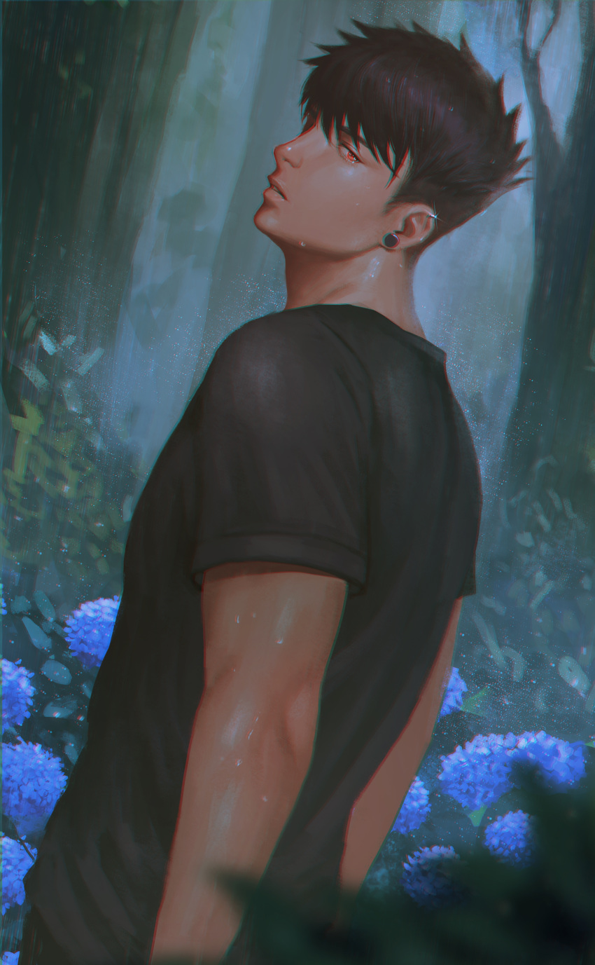 1boy absurdres black_hair black_shirt blue_flower earrings flower forest highres jewelry looking_at_viewer male_focus nature original rain red_eyes shirt short_sleeves solo standing t-shirt undertaker01 wet