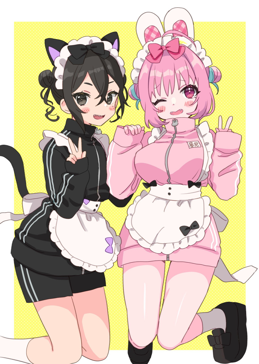 2girls ahoge animal_ears aqua_hair bangs black_bow black_eyes black_hair blush_stickers bob_cut bow breasts cat_ears colored_inner_hair dot_nose fangs framed hair_bow highres idolmaster idolmaster_cinderella_girls idolmaster_cinderella_girls_starlight_stage large_breasts light_frown long_sleeves looking_at_viewer maid_headdress multicolored_hair multiple_girls one_eye_closed open_mouth pink_bow pink_eyes pink_hair polka_dot polka_dot_background rabbit_ears saito_katuo sharp_teeth sleeves_past_wrists sunazuka_akira teeth two-tone_hair v-shaped_eyebrows w white_background white_headwear yellow_background yumemi_riamu