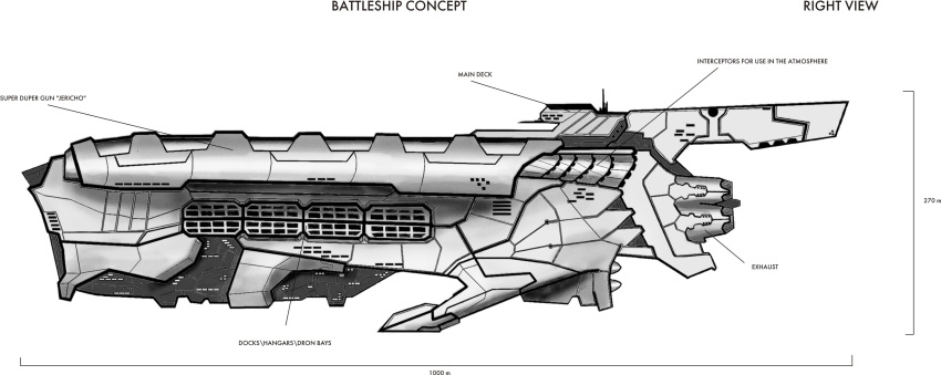 absurdres battleship_(eve_online) concept_art english_text eve_online greyscale highres jetheart machinery military military_vehicle monochrome no_humans original science_fiction spacecraft thrusters