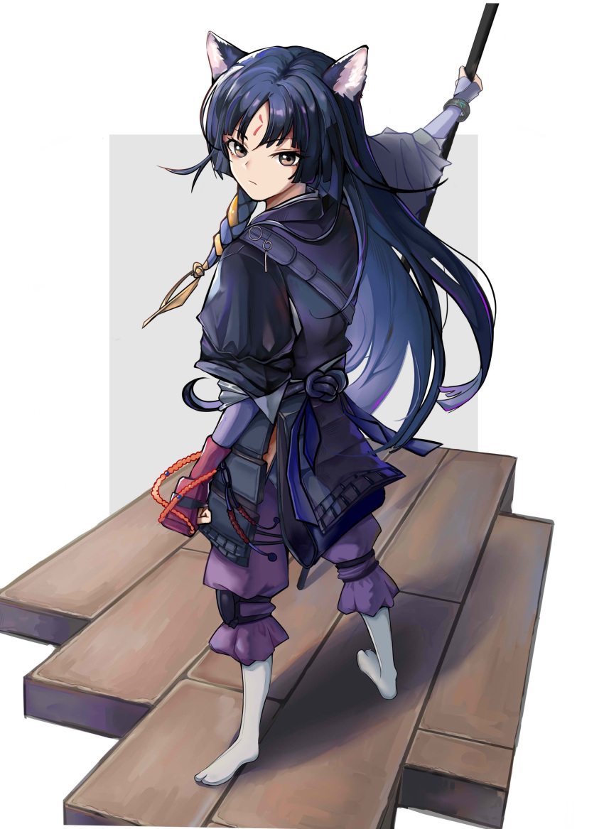 1girl absurdres animal_ears arknights bangs black_hair black_kimono brown_eyes commentary_request dog_ears facial_mark forehead_mark full_body highres japanese_clothes kimono long_hair looking_at_viewer meijun no_shoes pants purple_pants saga_(arknights) socks solo standing very_long_hair white_socks