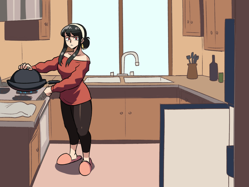 1girl bare_shoulders black_hair cooking dog dress green_eyes hairband highres kitchen meme multiple_girls pants shirt sink slippers spy_x_family stove tina_fate window wok yoga_pants yor_briar