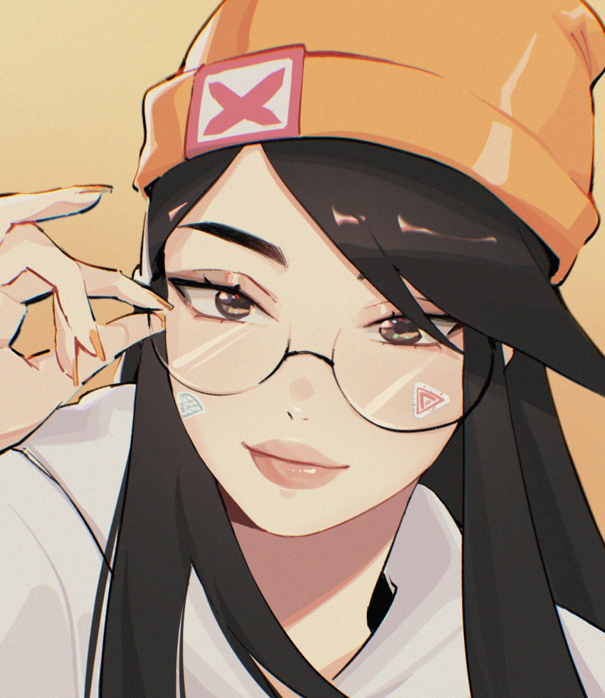 1girl animification bangs beanie black_hair commentary eyebrows_hidden_by_hair grey_hoodie hand_on_eyewear hat highres hood hoodie hyoon_(sockgyu) killjoy_(valorant) long_hair looking_at_viewer orange_headwear portrait round_eyewear smile solo sticker_on_face symbol-only_commentary valorant