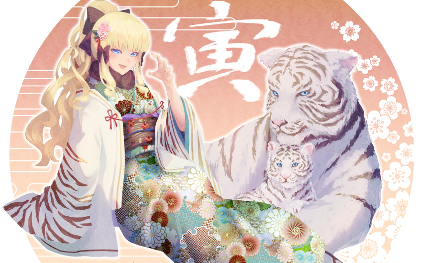 1girl absurdres bangs black_bow blonde_hair blue_eyes blunt_bangs blush bow breasts cape dress elf frilled_dress frills green_dress hair_bow highres long_hair medium_breasts navi_(ivan) pointy_ears princess_connect! saren_(princess_connect!) tiger tiger_stripes white_cape white_tiger