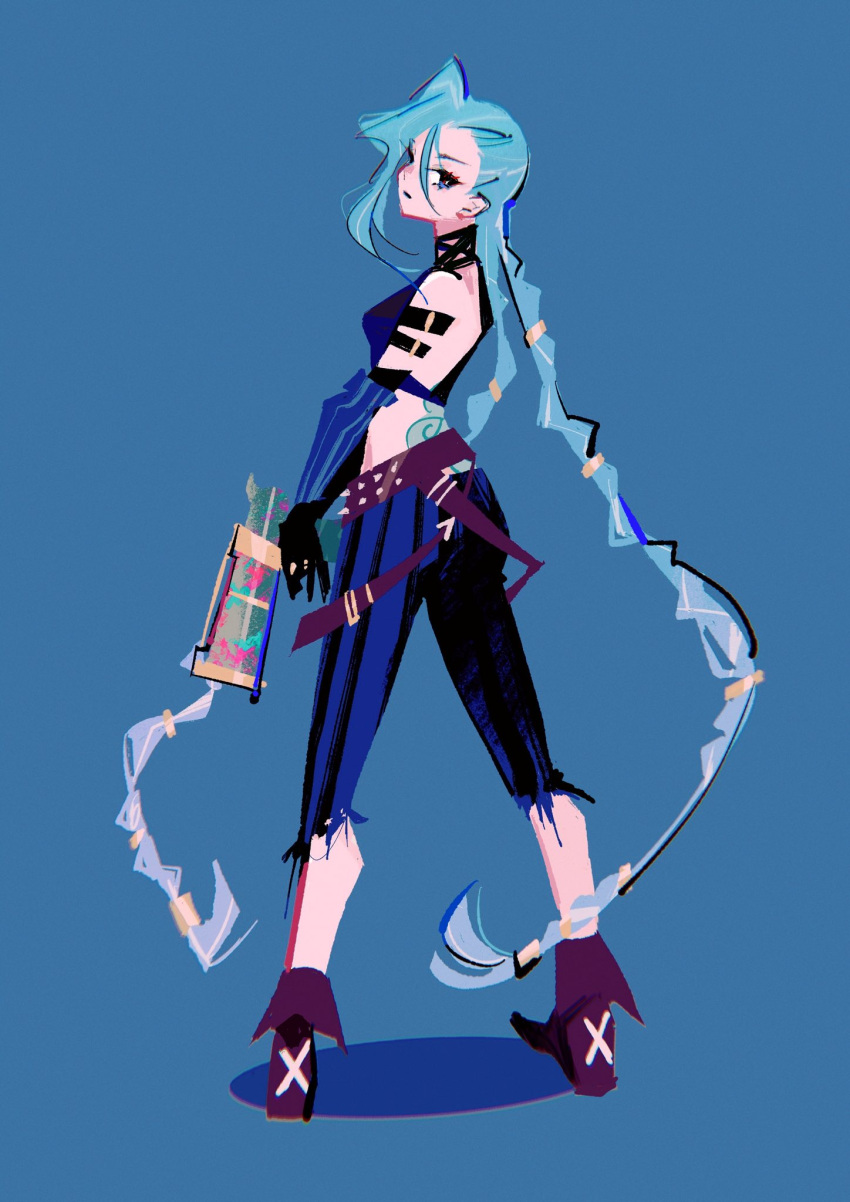 1girl ankle_ribbon aqua_hair belt blue_background braid breasts brown_footwear cloud_tattoo from_behind full_body gun halterneck handgun highres holding holding_gun holding_weapon jinx_(league_of_legends) league_of_legends leg_ribbon limited_palette long_hair long_legs looking_at_viewer looking_back marina_(mrn9) pants ribbon small_breasts solo striped striped_pants studded_belt twin_braids very_long_hair weapon