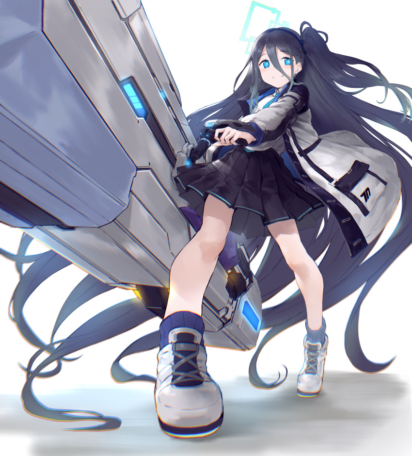 absurdly_long_hair absurdres arisu_(blue_archive) black_skirt blue_archive blue_eyes blue_hair collared_shirt dark_blue_hair foreshortening full_body halo highres holding holding_weapon jacket long_hair looking_to_the_side necktie open_clothes open_jacket rowkiba shirt shoes simple_background skirt smile sneakers socks very_long_hair weapon white_background white_shirt