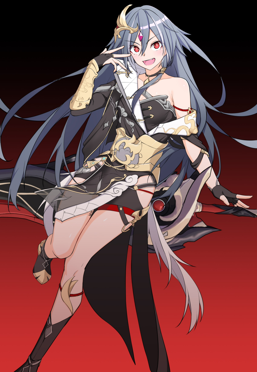 1girl :d absurdres bangs black_background black_choker black_footwear black_gloves black_hair chinese_clothes choker fingerless_gloves fu_hua fu_hua_(herrscher_of_sentience) full_body gloves highres honkai_(series) honkai_impact_3rd long_hair looking_at_viewer open_mouth red_background red_eyes smile solo sword two-tone_background weapon yinyu_(yinyu1999)