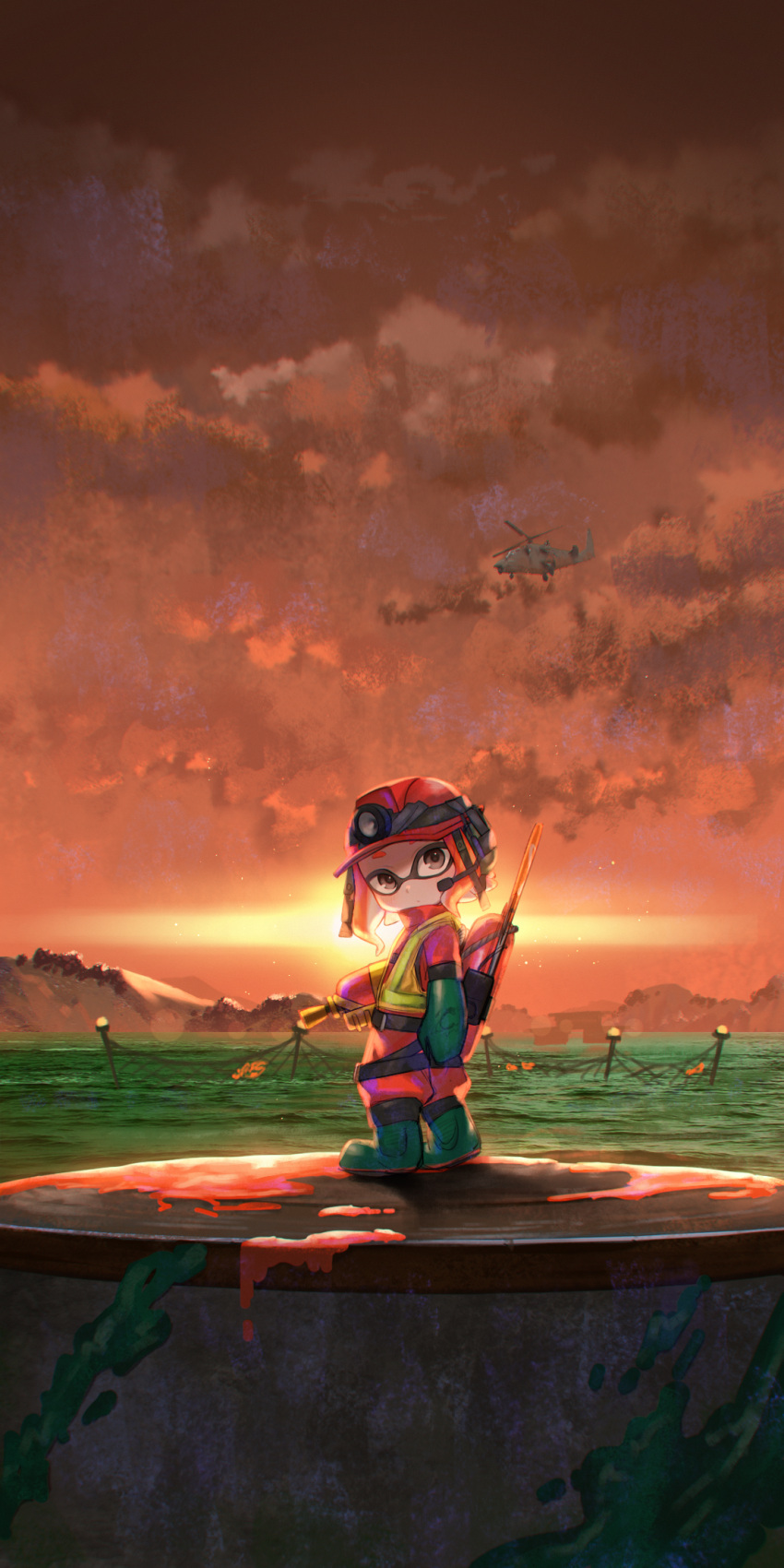 1girl aircraft akky_(akimi1127) boots brown_eyes clouds cloudy_sky commentary_request from_side gloves green_footwear green_gloves helicopter helmet highres inkling jacket looking_at_viewer looking_to_the_side paint_splatter pants red_headwear red_jacket red_pants red_sky redhead rubber_boots salmon_run sky solo splatoon_(series) splatoon_3 standing water
