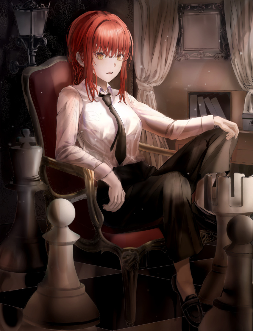 1girl absurdres alternate_eye_color arm_up bangs black_footwear black_necktie black_pants board_game braid breasts brown_eyes chainsaw_man chair chess collared_shirt curtains floor formal hair_between_eyes hand_on_own_knee hand_up highres indoors lamp long_hair long_sleeves looking_at_viewer makima_(chainsaw_man) mayo_9_5 medium_breasts necktie open_mouth pants picture_(object) redhead shirt shoes sidelocks sitting solo suit wall white_shirt