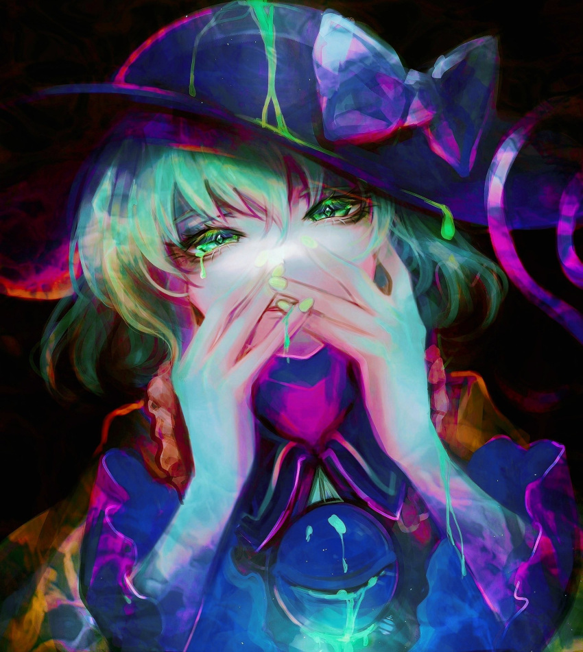 1girl bow bowtie covering_mouth crying crying_with_eyes_open green_eyes green_hair hands_up hat hat_bow highres komeiji_koishi kyogoku-uru looking_at_viewer nail_polish purple_bow purple_bowtie solo tears touhou upper_body yellow_nails