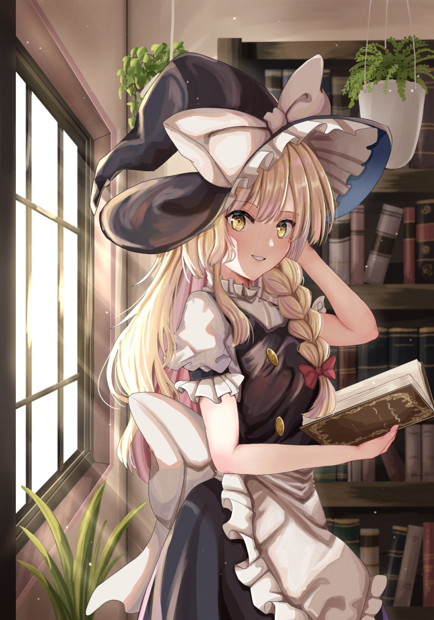 1girl apron back_bow black_headwear black_skirt black_vest blonde_hair book bow buttons commentary_request cowboy_shot erisauria frilled_apron frilled_hairband frills grin hairband hat hat_bow highres holding holding_book indoors kirisame_marisa library long_hair skirt smile solo touhou very_long_hair vest waist_apron waist_bow white_apron white_bow window witch_hat yellow_eyes