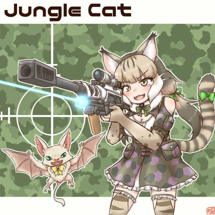 1girl animal_costume animal_ear_fluff animal_ears bare_shoulders bat_(animal) bow bowtie cat_ears cat_girl cat_tail elbow_gloves extra_ears fingerless_gloves gloves grey_eyes grey_hair gun highres jungle_cat_(kemono_friends) kemono_friends kemono_friends_v_project kneehighs long_hair mav3ygpryecvfu2 microphone multicolored_hair open_mouth ribbon scarf shirt simple_background skirt smile socks tail twintails virtual_youtuber weapon white_hair