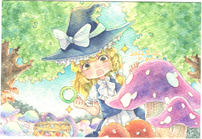 1girl apron black_headwear black_skirt black_vest blonde_hair blue_mushroom bow braid collared_shirt dated hat hat_bow hat_ribbon highres holding holding_magnifying_glass kirisame_marisa large_hat long_hair magnifying_glass mushroom open_mouth outdoors puffy_short_sleeves puffy_sleeves purple_mushroom red_mushroom ribbon shin1ar24 shirt short_sleeves single_braid skirt solo touhou traditional_media tree vest waist_apron watercolor_pencil_(medium) white_apron white_bow white_ribbon white_shirt witch_hat yellow_eyes