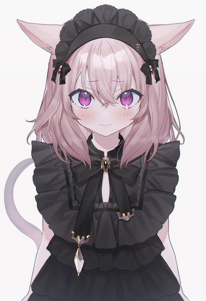 1girl animal_ears avatar_(ff14) black_dress bonnet cat_ears cat_girl cat_tail dress final_fantasy final_fantasy_xiv funa_(sakana) highres light_brown_hair medium_hair miqo'te sleeveless sleeveless_dress tail violet_eyes