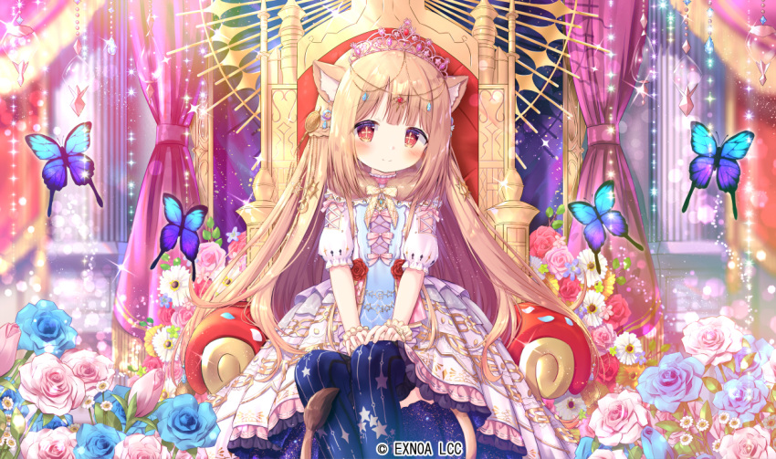 1girl angelic_link animal animal_ears blonde_hair blue_flower blue_pantyhose blue_rose blush bow bug butterfly character_request closed_mouth commentary_request cross-shaped_pupils dress flower frilled_dress frills indoors lion_ears lion_girl lion_tail long_hair looking_at_viewer official_art pantyhose pink_bow pink_flower pink_rose pleated_dress print_legwear puffy_short_sleeves puffy_sleeves red_eyes red_flower red_rose rose short_sleeves siera_(sieracitrus) sitting smile solo star_(symbol) star_print tail throne tiara very_long_hair watermark white_dress white_flower white_rose