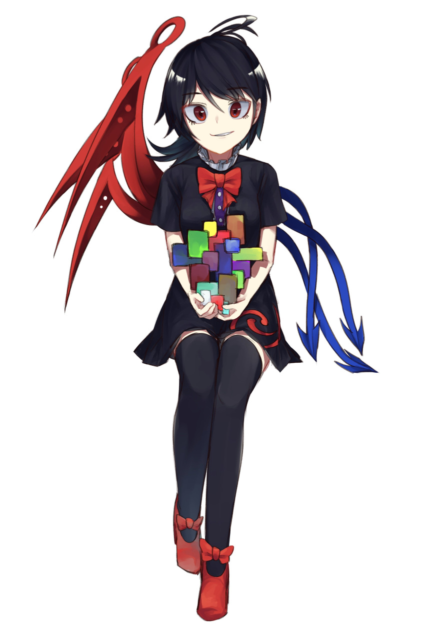 1girl absurdres antenna_hair asymmetrical_wings black_dress black_hair black_thighhighs blue_wings bow bowtie dress footwear_bow full_body glitch grin highres houjuu_nue looking_at_viewer mo_mo_kaze red_bow red_bowtie red_eyes red_footwear red_wings short_hair simple_background smile solo thigh-highs touhou white_background wings