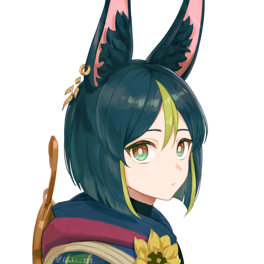 1boy animal_ear_fluff animal_ears artist_name bangs blue_hair blue_shirt closed_mouth commentary_request earrings flower fox_tail genshin_impact green_eyes green_hair hair_between_eyes highres hood izuki_111 jewelry looking_at_viewer multicolored_hair shirt short_hair short_sleeves simple_background single_earring solo sunflower tail tighnari_(genshin_impact) two-tone_hair upper_body white_background yellow_flower