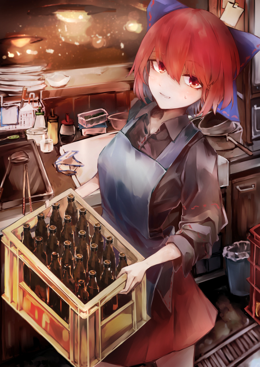 1girl absurdres apron black_shirt blue_apron blue_bow bottle bow chopsticks closed_mouth commentary_request cutting_board hair_between_eyes highres holding indoors kitchen ladle looking_at_viewer red_eyes red_skirt redhead safutsuguon sekibanki shirt short_hair skirt solo standing touhou upper_body
