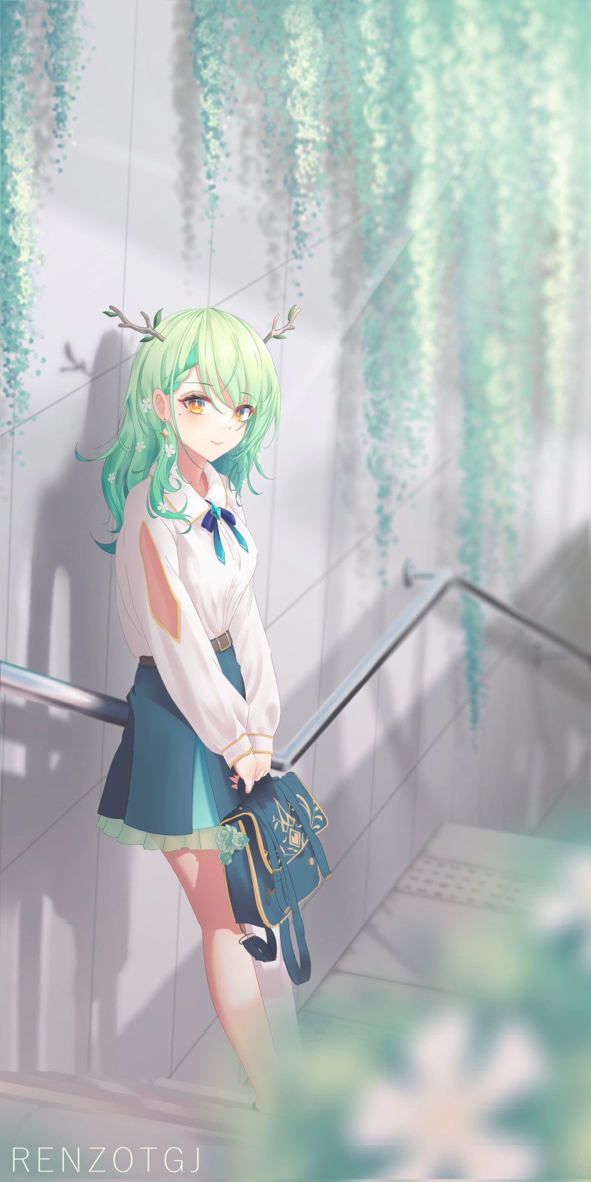 absurdres bag bare_legs braid branch breasts ceres_fauna flower green_hair hair_flower hair_ornament highres hololive hololive_english horns large_breasts leaf leaning leaning_on_rail long_sleeves looking_at_viewer looking_to_the_side medium_hair outdoors petite plant renzotgj skirt smile stairs sunlight virtual_youtuber wavy_hair yellow_eyes