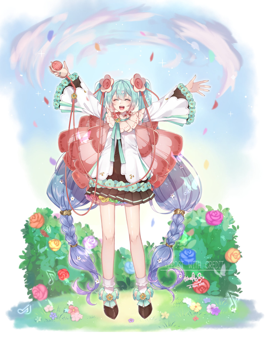 1girl 2021 :d arms_up bangs blue_hair blue_nails blush brown_shirt brown_skirt closed_eyes dated facing_viewer floating_hair flower full_body gradient_hair hair_between_eyes hair_flower hair_ornament hatsune_miku highres hkr.aoq holding jacket long_hair long_sleeves miniskirt multicolored_hair nail_polish open_clothes open_jacket open_mouth pleated_skirt purple_hair shiny shiny_hair shirt skirt smile solo standing twintails very_long_hair vocaloid watermark white_flower white_jacket wide_sleeves