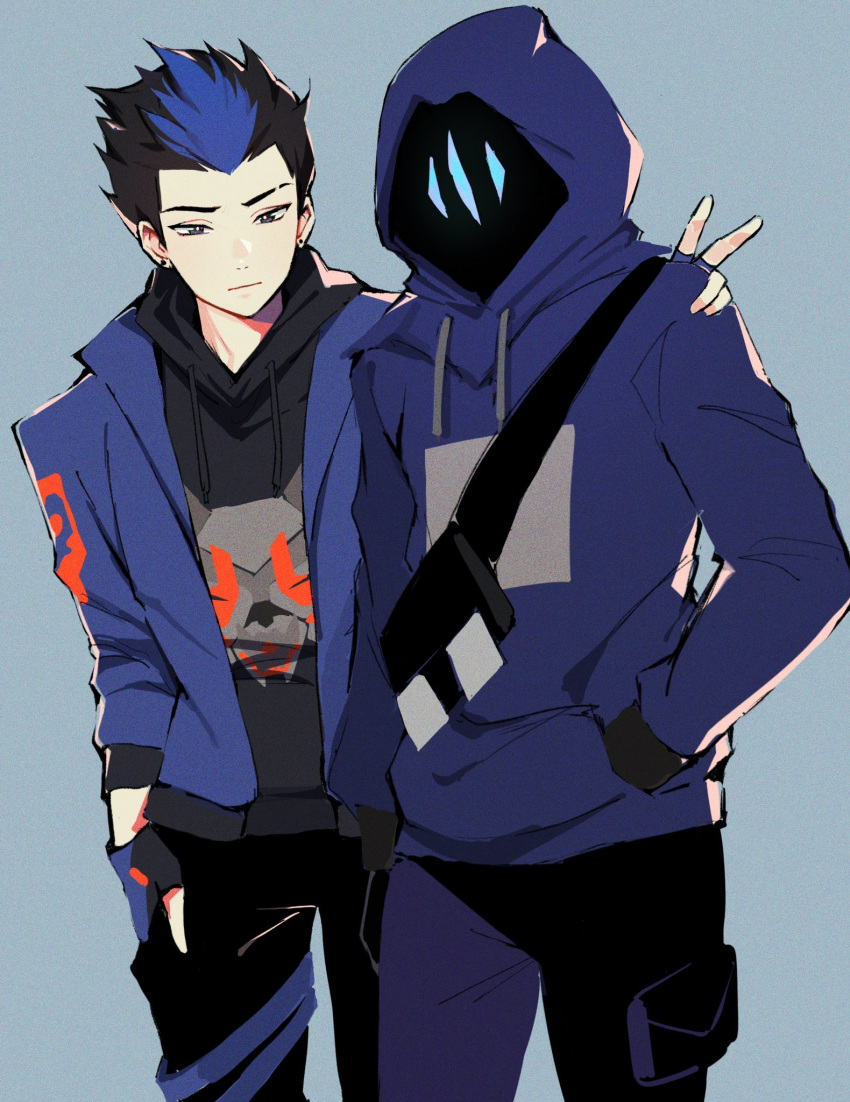 2boys black_hair black_hoodie blue_background blue_gloves blue_hair blue_hoodie blue_jacket blue_pants eyebrow_cut fanny_pack fingerless_gloves gloves hair_behind_ear hand_in_pocket hand_on_another's_shoulder hand_on_hip highres hood hood_up hoodie hyoon_(sockgyu) jacket male_focus mask multicolored_hair multiple_boys omen_(valorant) pants two-tone_hair v valorant yoru_(valorant)