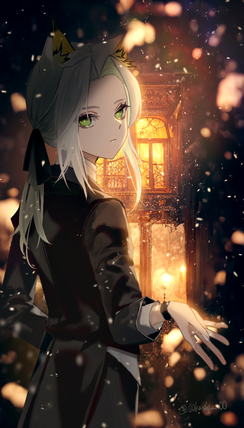 00kashian00 1girl absurdres animal_ear_fluff animal_ears arknights backlighting black_coat cat_ears closed_mouth coat expressionless forehead green_eyes grey_hair highres kal'tsit_(arknights) long_hair long_sleeves looking_at_viewer low_ponytail night outdoors outstretched_hand solo twitter_username upper_body wristband