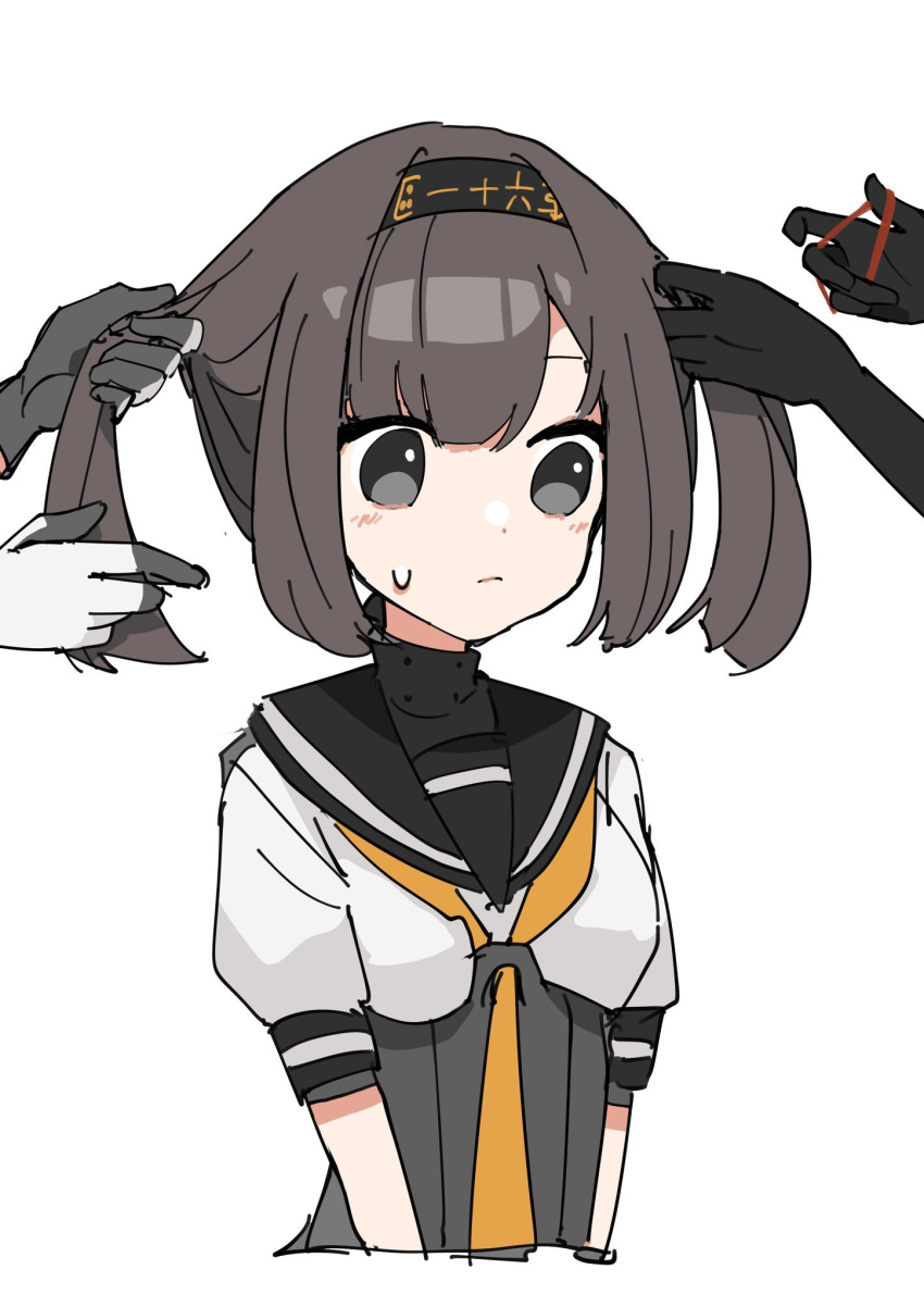 3girls adjusting_hair akizuki_(kancolle) brown_hair closed_mouth grey_eyes hachimaki hairband hatsuzuki_(kancolle) headband highres holding holding_hair holding_hairband kantai_collection medium_hair multiple_girls neckerchief orange_neckerchief sayuwan school_uniform serafuku short_sleeves simple_background solo_focus sweatdrop teruzuki_(kancolle) white_background