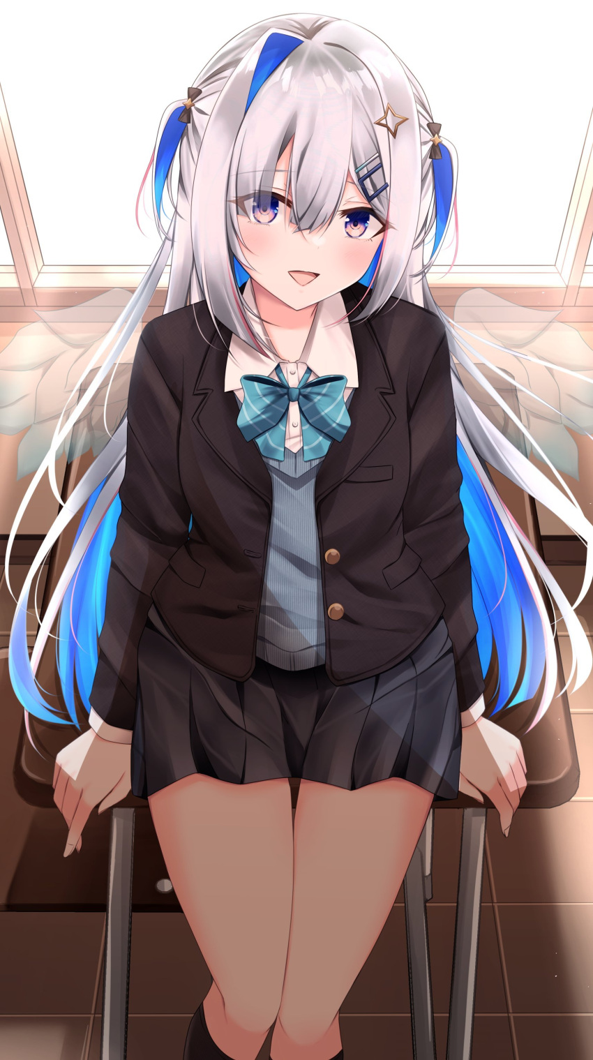 1girl absurdres amane_kanata angel angel_wings black_jacket blue_hair desk hair_ornament highres hololive jacket kamesys legs long_hair looking_at_viewer multicolored_hair open_mouth ribbon school_desk school_uniform second-party_source smile solo streaked_hair thighs two-tone_hair violet_eyes virtual_youtuber white_hair wings