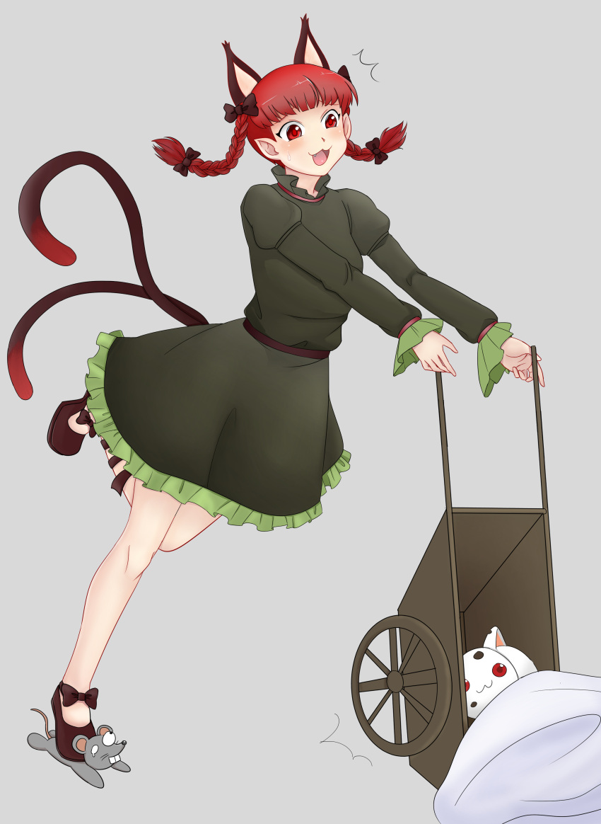 1girl :3 :d ^^^ absurdres animal_ears big_mouse bow braid cat cat_ears cat_tail extra_ears highres kaenbyou_rin kyubey mahou_shoujo_madoka_magica mouse multiple_tails nekomata open_mouth red_eyes redhead running smile squishing tail touhou tripping twin_braids two_tails wheelbarrow