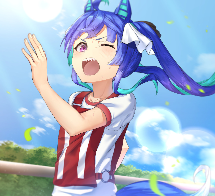 1girl absurdres ahoge animal_ears aqua_hair bangs blue_hair blue_skirt bush clouds cloudy_sky commentary day frown gym_shirt gym_uniform hair_ribbon highres horse_ears horse_girl horse_tail leaf lens_flare long_hair looking_at_viewer multicolored_hair one_eye_closed open_mouth outdoors oyasuminasai31 racing railing ribbon running scene_reference sharp_teeth shirt short_sleeves skirt sky solo sunlight sweat tail teeth twin_turbo_(umamusume) twintails two-tone_hair umamusume white_ribbon white_shirt