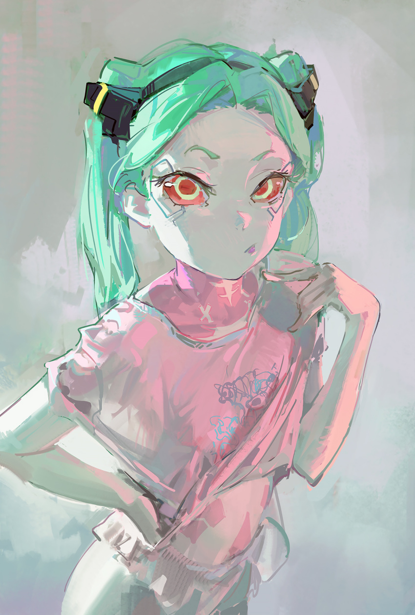 1girl closed_mouth colored_sclera colored_skin cyberpunk_(series) cyberpunk_edgerunners dino_(dinoartforame) green_eyes green_hair grey_skin hand_up highres looking_at_viewer pink_shirt raised_eyebrow rebecca_(cyberpunk) red_pupils red_sclera shirt short_sleeves sketch solo twintails