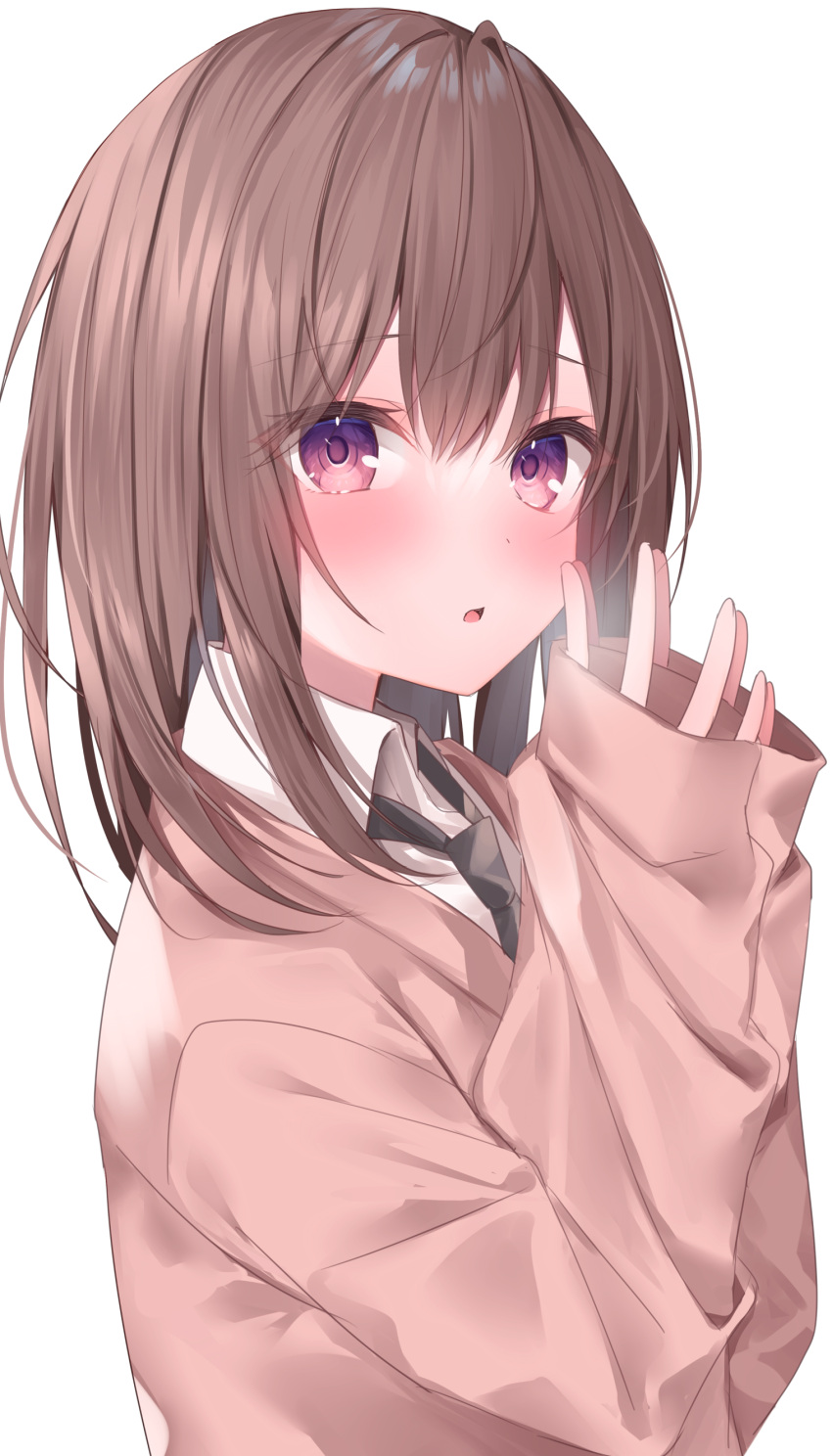 1girl absurdres bangs black_necktie blush brown_hair brown_sweater collared_shirt commentary_request hair_between_eyes hands_up highres komomo_(ptkrx) long_sleeves looking_at_viewer looking_to_the_side necktie original parted_lips school_uniform shirt simple_background sleeves_past_wrists solo steepled_fingers sweater upper_body violet_eyes white_background white_shirt
