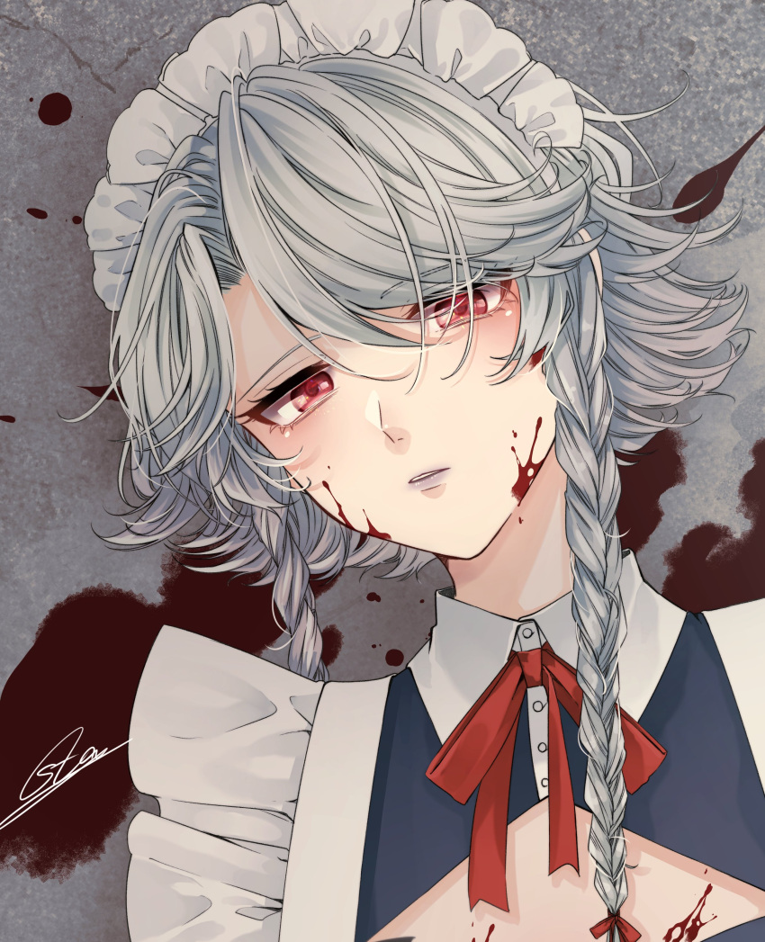 1girl absurdres artist_name bangs blood blood_on_face blood_on_wall blue_dress bow bowtie braid buttons closed_mouth collared_dress commentary_request dress grey_background grey_hair hair_between_eyes hair_bow highres izayoi_sakuya looking_at_viewer maid maid_headdress red_bow red_bowtie red_eyes short_hair short_sleeves solo souta_(karasu_no_ouchi) teeth touhou twin_braids upper_body