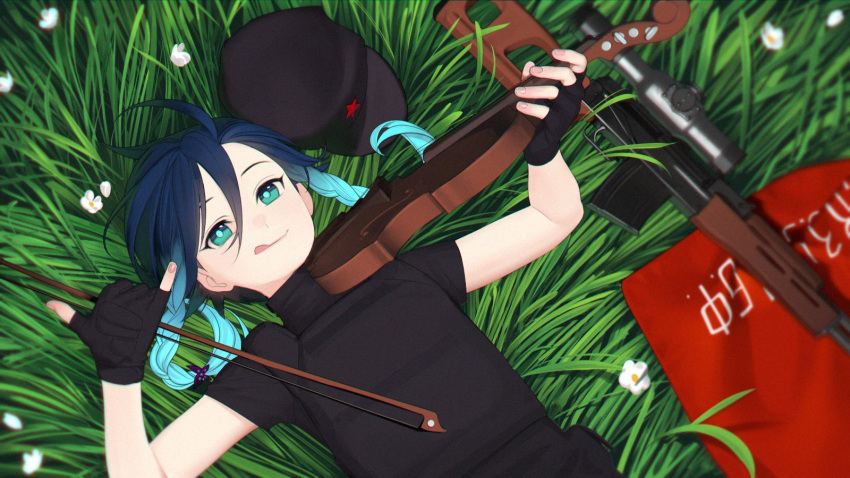 1boy abbystea androgynous aqua_eyes bangs beret black_shirt blue_hair blurry braid bulletproof_vest closed_mouth cowlick depth_of_field fingerless_gloves flower genshin_impact gloves gradient_hair gun hair_between_eyes hat hat_removed headwear_removed highres holding holding_instrument instrument looking_at_viewer multicolored_hair on_grass parted_bangs red_star rifle shirt short_hair_with_long_locks short_sleeves sniper_scope solo tongue tongue_out twin_braids venti_(genshin_impact) violin weapon