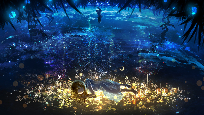 1girl black_hair closed_eyes closed_mouth clouds commentary_request dreaming dress feet fireworks flower full_body grass highres long_hair lying lying_on_water moon night night_sky on_side original poniila1234 reflection reflective_water scenery sky sleeping star_(sky) starry_sky toes water white_dress