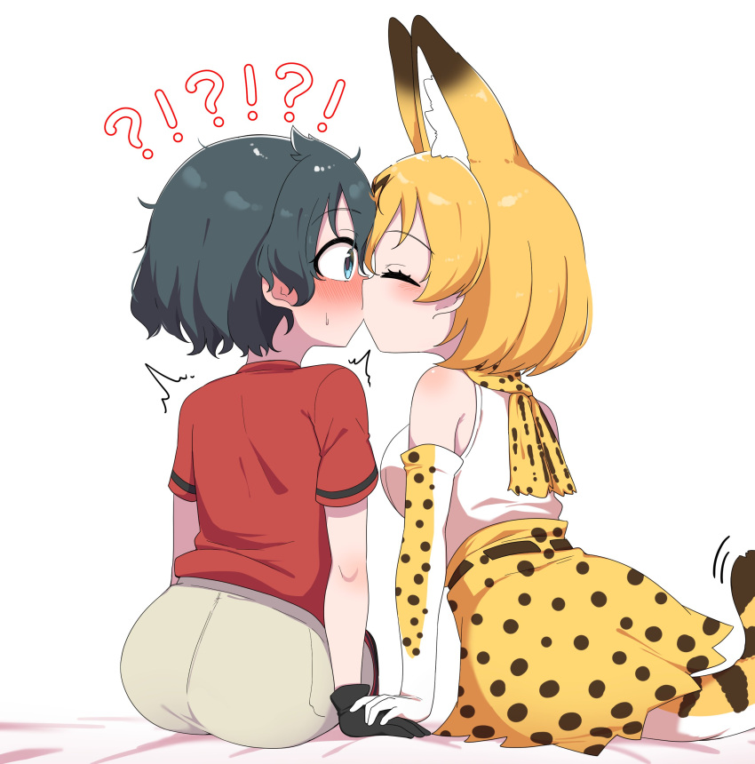 ! 2girls ? absurdres animal_ears bare_shoulders black_gloves black_hair blonde_hair blue_eyes bow bowtie cat_ears cat_girl cat_tail chis_(js60216) closed_eyes commentary_request elbow_gloves embarrassed extra_ears from_behind gloves grey_shorts high-waist_skirt highres kaban_(kemono_friends) kemono_friends kiss multiple_girls no_headwear print_bow print_bowtie print_gloves print_skirt red_shirt serval_(kemono_friends) serval_print shirt short_hair short_sleeves shorts sitting skirt sleeveless t-shirt tail white_shirt yuri