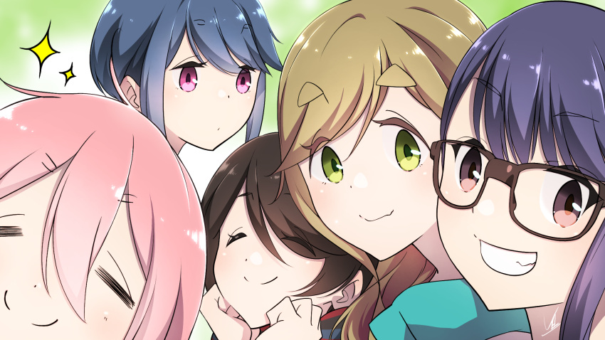 5girls bangs black-framed_eyewear blonde_hair blue_hair brown_hair closed_eyes fang glasses gradient gradient_background green_eyes hair_between_eyes hands_on_own_cheeks hands_on_own_face highres inuyama_aoi kagamihara_nadeshiko long_hair looking_at_viewer multiple_girls oogaki_chiaki pink_eyes pink_hair portrait purple_hair saitou_ena shima_rin signature skin_fang smile sparkle swept_bangs thick_eyebrows violet_eyes yasu_(pixiv) yurucamp