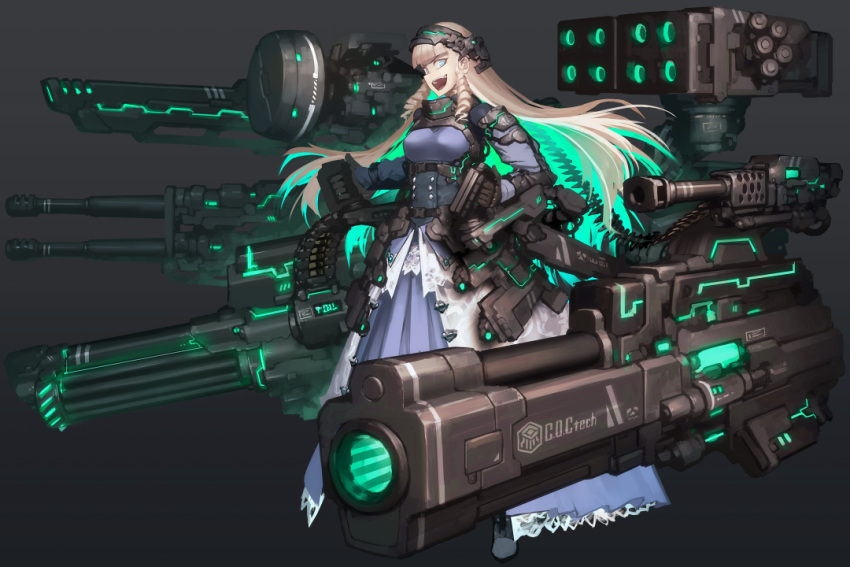 1girl ammunition_belt autocannon bangs black_footwear black_gloves blonde_hair blue_dress blue_eyes blunt_bangs cannon commission dress drill_hair full_body gloves glowing gradient gradient_background grey_background hetza_(hellshock) long_dress looking_at_viewer mecha_musume open_mouth rocket_launcher smile smoke_grenade_launcher solo standing verse_saver weapon