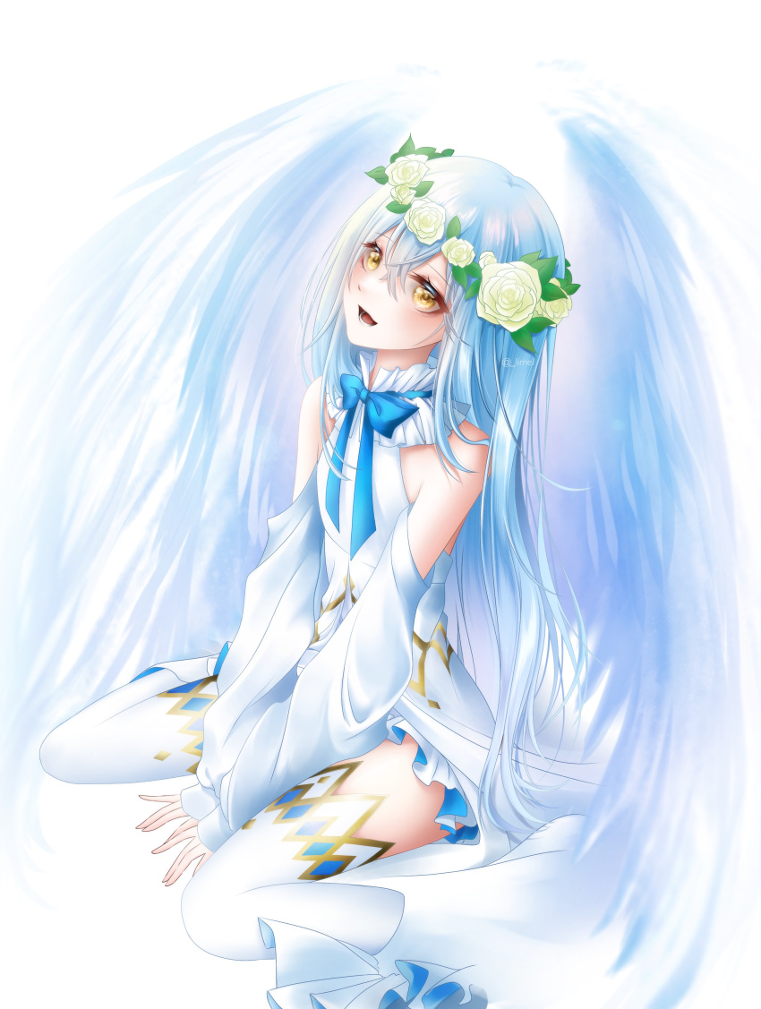 1other absurdres artist_name bangs bare_shoulders blue_bow blue_hair bow collar detached_sleeves dress eyelashes flower frilled_collar frilled_dress frills hair_flower hair_ornament highres limecookie long_hair looking_at_viewer open_mouth rimuru_tempest shiny shiny_hair sitting smile solo teeth tensei_shitara_slime_datta_ken thigh-highs wariza white_background white_dress white_thighhighs wings yellow_eyes