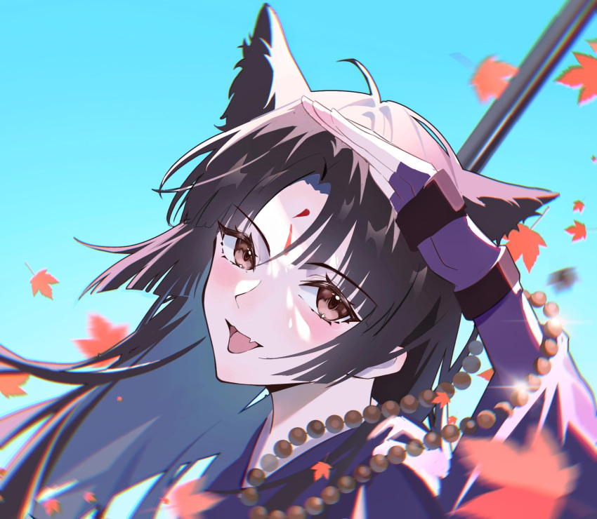 1girl :d animal_ears arknights arm_up autumn_leaves bangs beads black_hair blue_sky brown_eyes canghaiyisu day dog_ears facial_mark falling_leaves fang fingerless_gloves forehead_mark gloves highres leaf long_hair looking_at_viewer maple_leaf motion_blur open_mouth outdoors parted_bangs purple_gloves saga_(arknights) skin_fang sky smile solo sparkle upper_body wind