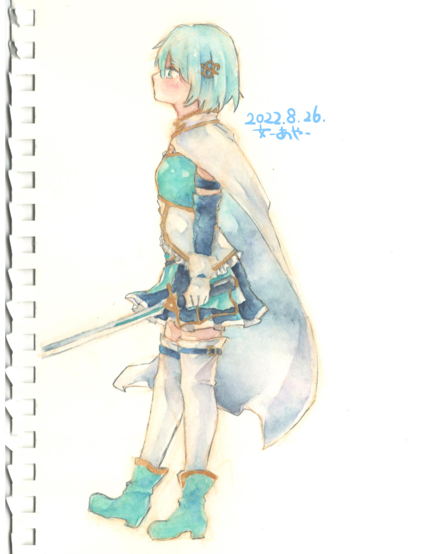 1girl aqua_footwear blue_hair blue_skirt cape closed_mouth dated from_side full_body gloves highres holding holding_sword holding_weapon mahou_shoujo_madoka_magica miki_sayaka pleated_skirt shin1ar24 short_hair skirt solo sword thigh-highs traditional_media watercolor_pencil_(medium) weapon white_cape white_gloves white_thighhighs