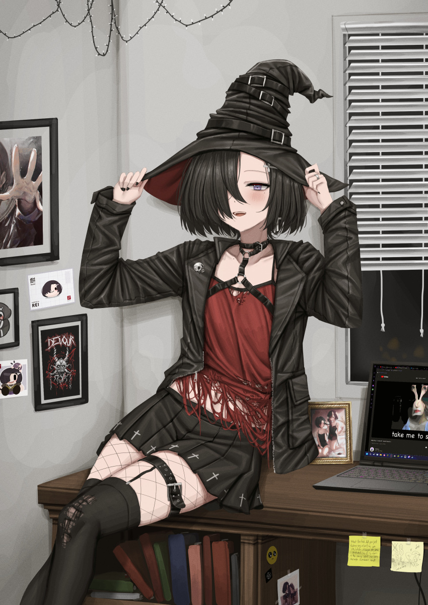 1girl absurdres black_hair black_thighhighs bookshelf camisole computer fishnet_pantyhose fishnets hair_ornament hair_over_one_eye hat highres indoors jacket kurotama_rei laptop lobsteranian mole mole_under_eye open_clothes open_jacket original pantyhose photo_(object) pleated_skirt red_camisole short_hair sitting skirt solo thigh-highs thigh_strap violet_eyes witch_hat