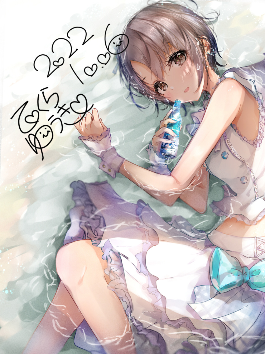 1girl blush bottle character_name crop_top dated frilled_skirt frills grey_hair highres holding holding_bottle idolmaster idolmaster_cinderella_girls layered_skirt looking_at_viewer lying lying_on_water on_side otokura_yuuki redeye_(artist) shirt short_hair skirt sleeveless sleeveless_shirt smile solo wrist_cuffs