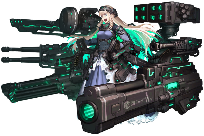 1girl ammunition_belt autocannon bangs black_footwear black_gloves blonde_hair blue_dress blue_eyes blunt_bangs cannon commission dress drill_hair full_body gloves glowing gradient hetza_(hellshock) long_dress looking_at_viewer mecha_musume multiple_weapons open_mouth rocket_launcher smile smoke_grenade_launcher solo standing transparent_background verse_saver weapon