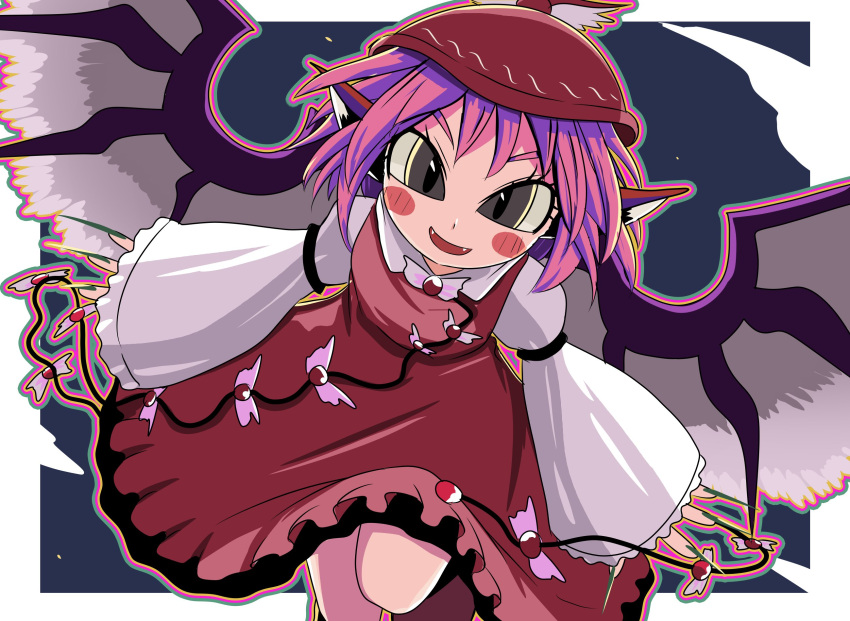 1girl animal_ears bird_ears bird_wings blush_stickers brown_dress brown_headwear dress fangs fingernails frilled_dress frilled_sleeves frills green_nails grey_eyes hat highres long_fingernails long_sleeves mystia_lorelei nail_polish one-hour_drawing_challenge open_mouth pink_hair ryo_(ryopics) sharp_fingernails short_hair smile solo touhou white_wings wide_sleeves winged_hat wings