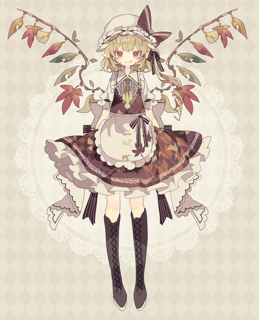 1girl adapted_costume apron argyle argyle_background black_footwear blonde_hair blush boots closed_mouth cross-laced_footwear flandre_scarlet frilled_skirt frills full_body ginkgo_leaf hat highres knee_boots lace-up_boots leaf long_hair maple_leaf mob_cap nikorashi-ka pointy_ears red_eyes red_skirt red_vest side_ponytail skirt smile solo tongue tongue_out touhou vest waist_apron white_apron white_headwear wings