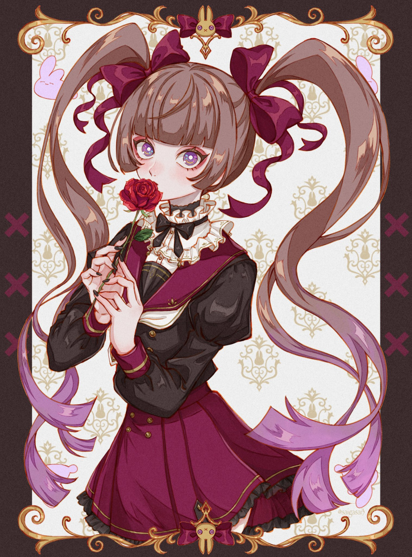 1girl bangs black_bow black_bowtie black_shirt blunt_bangs border bow bowtie bright_pupils brown_border brown_hair covered_mouth cowboy_shot flower framed frilled_shirt_collar frilled_skirt frills gold_trim gradient_hair hair_bow highres holding holding_flower indie_virtual_youtuber juliet_sleeves long_hair long_sleeves looking_at_viewer multicolored_hair neckerchief outside_border patterned_background pleated_skirt puffy_sleeves purple_hair red_bow red_flower red_rose red_skirt rose rosy_amadoll saigasai sailor_collar shirt skirt solo twintails violet_eyes virtual_youtuber white_neckerchief white_pupils