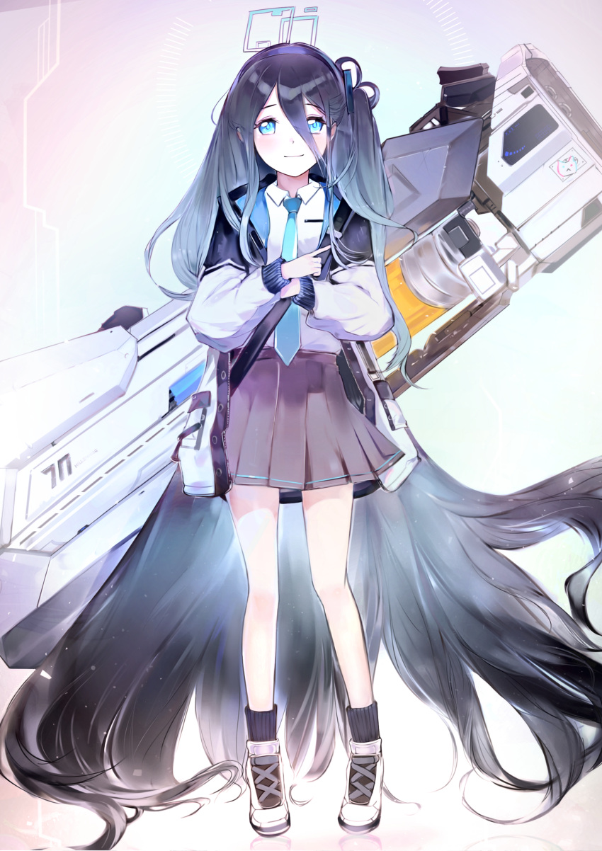 1girl absurdly_long_hair absurdres arisu_(blue_archive) blue_archive blue_hair blue_necktie collared_shirt dark_blue_hair full_body glowing hairband highres index_finger_raised jacket long_hair looking_at_viewer necktie open_clothes open_jacket pupu_(pixiv_69902916) railgun school_uniform shirt shoes side_ponytail smile sneakers socks solo standing very_long_hair weapon weapon_on_back white_background white_shirt