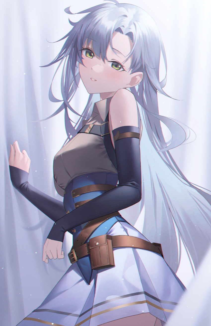 1girl absurdres belt black_gloves blush breasts eiyuu_densetsu elbow_gloves fie_claussell friend0426 gloves green_eyes highres kuro_no_kiseki long_hair looking_at_viewer medium_breasts sen_no_kiseki shirt skirt smile white_hair white_skirt