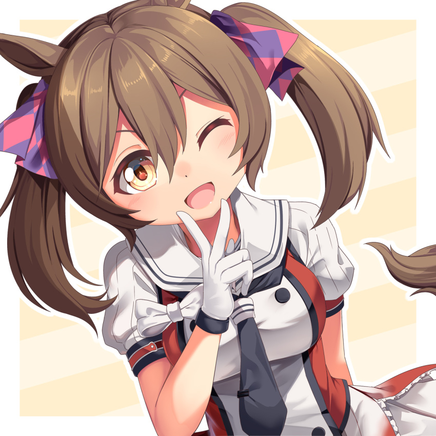 1girl ;d animal_ears arm_behind_back bangs black_neckerchief blush bow breasts brown_eyes brown_hair buttons commentary_request cosplay cowboy_shot double-breasted gloves hair_between_eyes hair_bow hair_ornament highres horse_ears horse_girl horse_tail kantai_collection long_hair looking_at_viewer medium_breasts naka_(kancolle) naka_(kancolle)_(cosplay) naka_kai_ni_(kancolle) neckerchief one_eye_closed puffy_short_sleeves puffy_sleeves sailor_collar shirt short_sleeves sidelocks skirt smart_falcon_(umamusume) smile solo standing tail trait_connection twintails umamusume v white_gloves white_sailor_collar white_skirt yasume_yukito